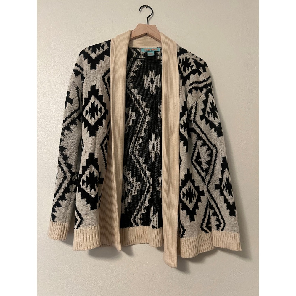 Flying Tomato Womens Black Cream Geometric Tribal Open Front Cardigan Sweater L